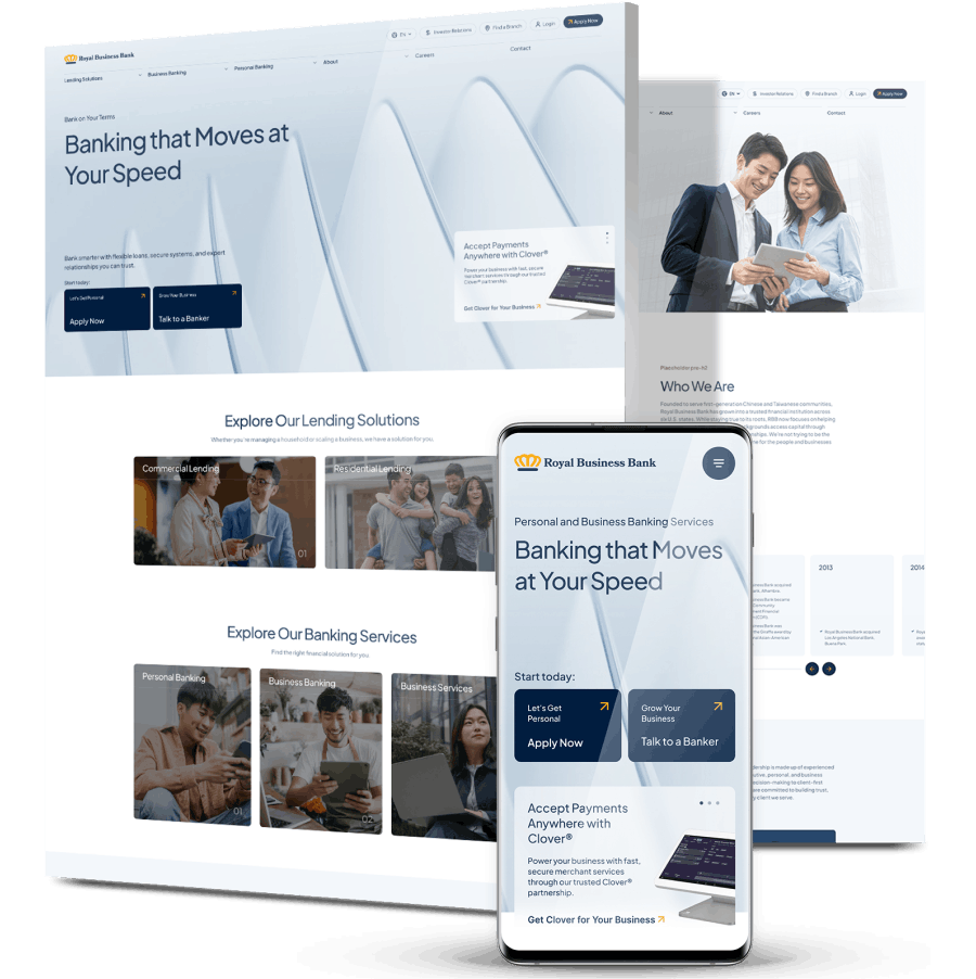 Corporate banking website design for Royal Business Bank highlighting financial services and responsive mobile interface.