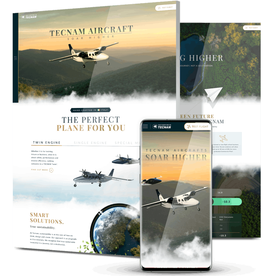 Corporate website design for Tecnam Aircraft showcasing aviation products with immersive visuals and responsive layout.