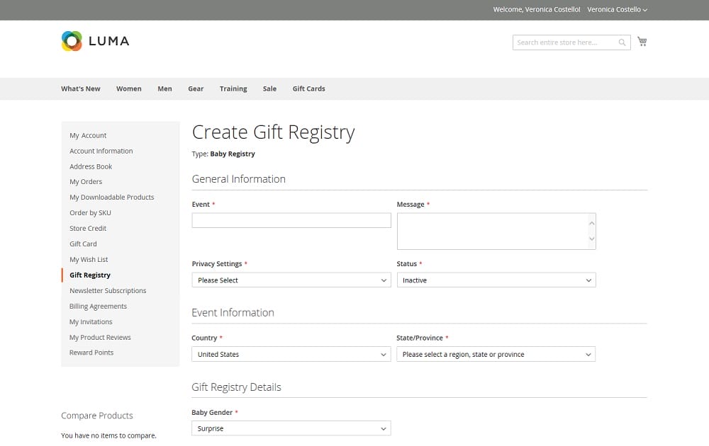 Gift registry form in Magento