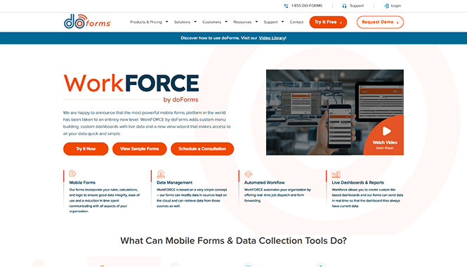 doForms WorkForce mobile forms software website showcasing data collection tools, dashboards, and automation features
