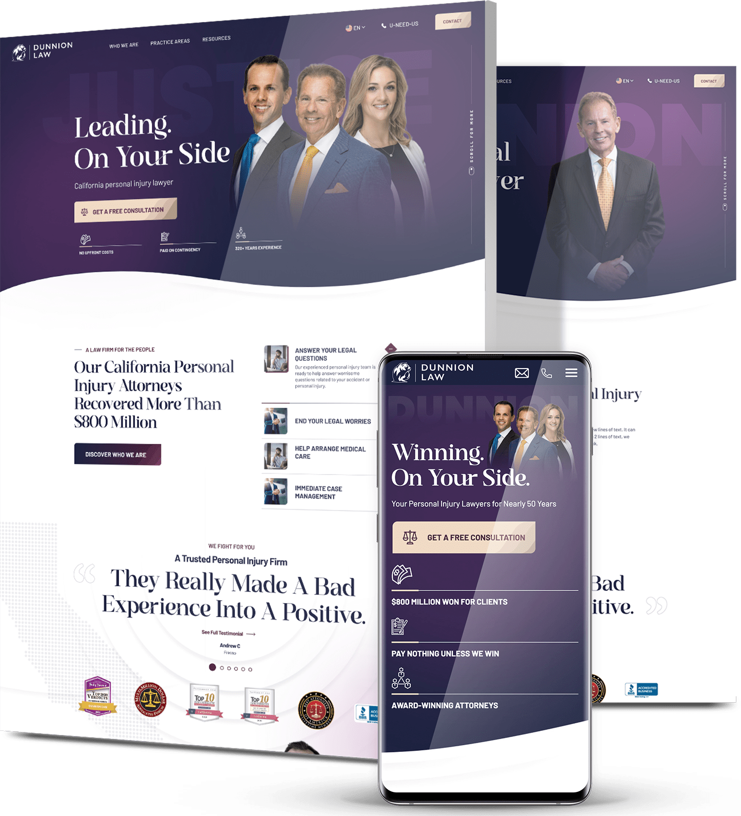 Dunnion Law personal injury website featuring attorneys and messaging about experience, client success, and free consultations.