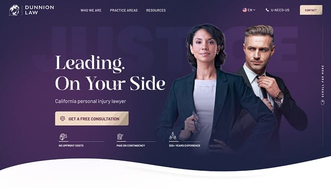 Dunnion Law website homepage featuring attorneys, gradient background, and personal injury legal services messaging.