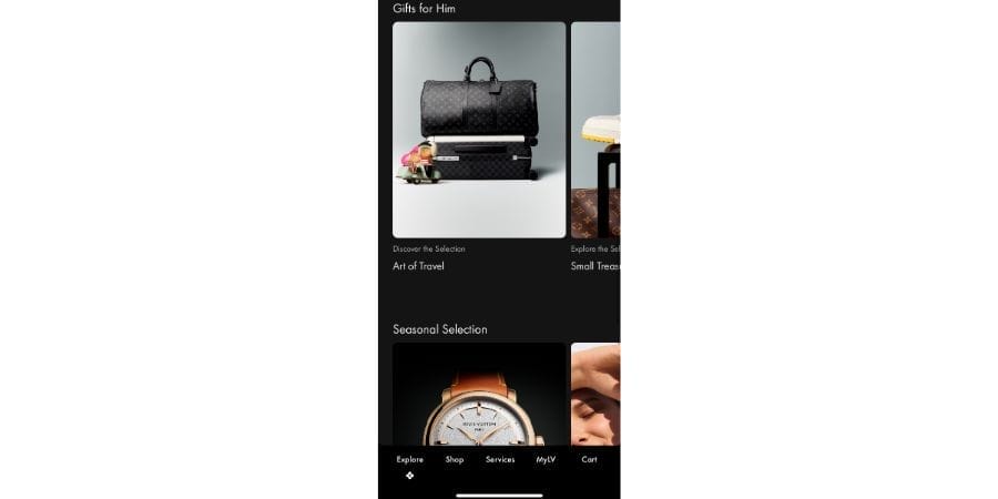 A screenshot from the Louis Vuitton's app showing products.