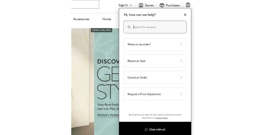 A screenshot from Nordstorm's website showing what chatting with a chatbot looks like.