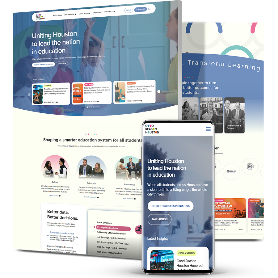 Education-focused website with students in classroom setting and messaging about improving student success across Houston