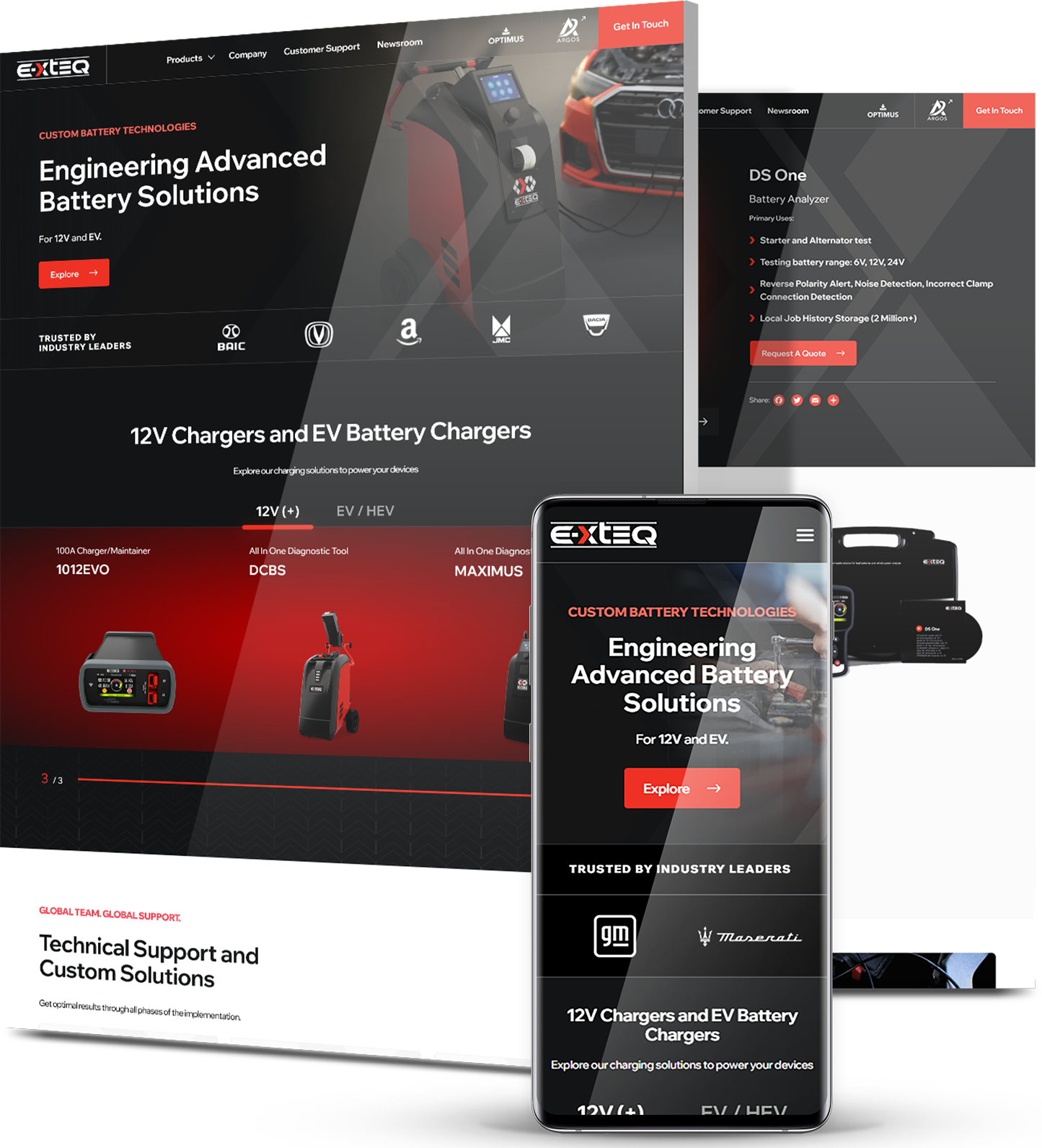 Exteq battery technology website on desktop and mobile, showcasing EV chargers and advanced battery solutions.