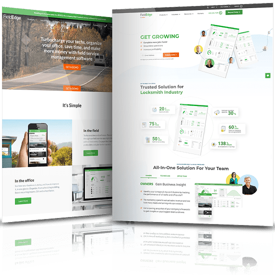 FieldEdge website before and after redesign showcasing improved UI, clearer product messaging, and modern SaaS design elements