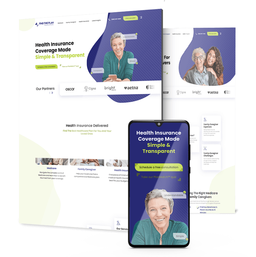 Find the Plan website design shown on desktop and mobile, emphasizing simple and transparent health insurance coverage with a friendly user interface.