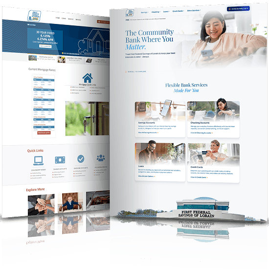 Before and after website designs for First Federal Savings of Lorain showing a transition to a cleaner, more user-friendly banking interface.