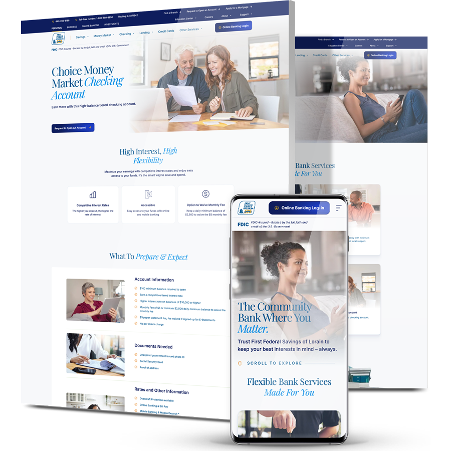 Banking website for First Federal Savings of Lorain displayed on desktop and mobile, featuring account information and lifestyle imagery.