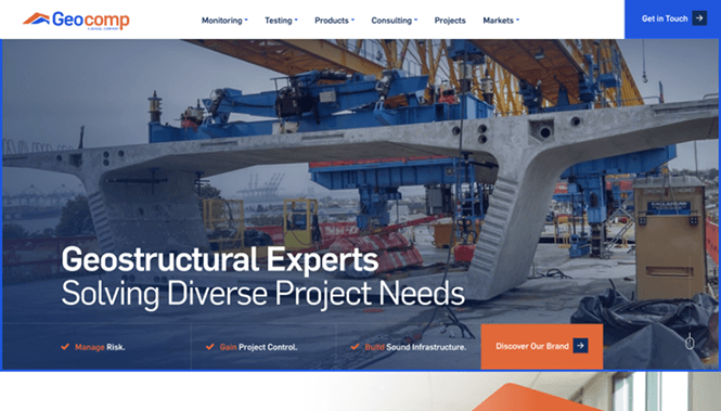 Geotechnical engineering website design featuring large-scale infrastructure construction and industrial equipment