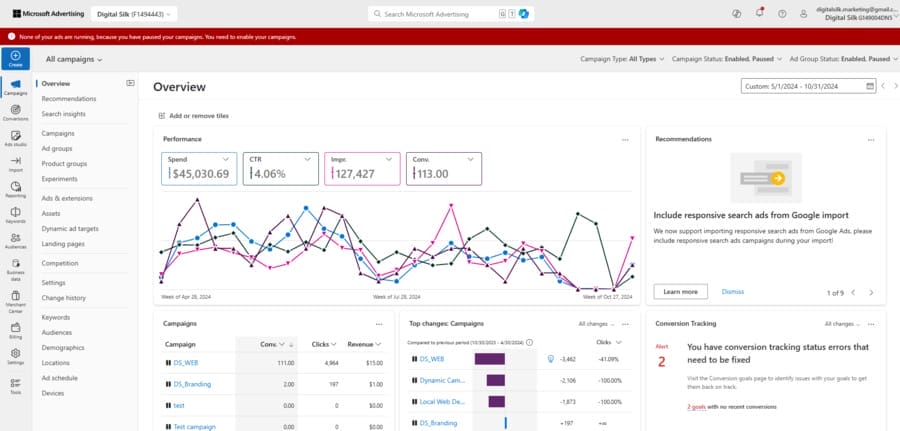 Image showing Digital Silk's Bing Ads dashboard