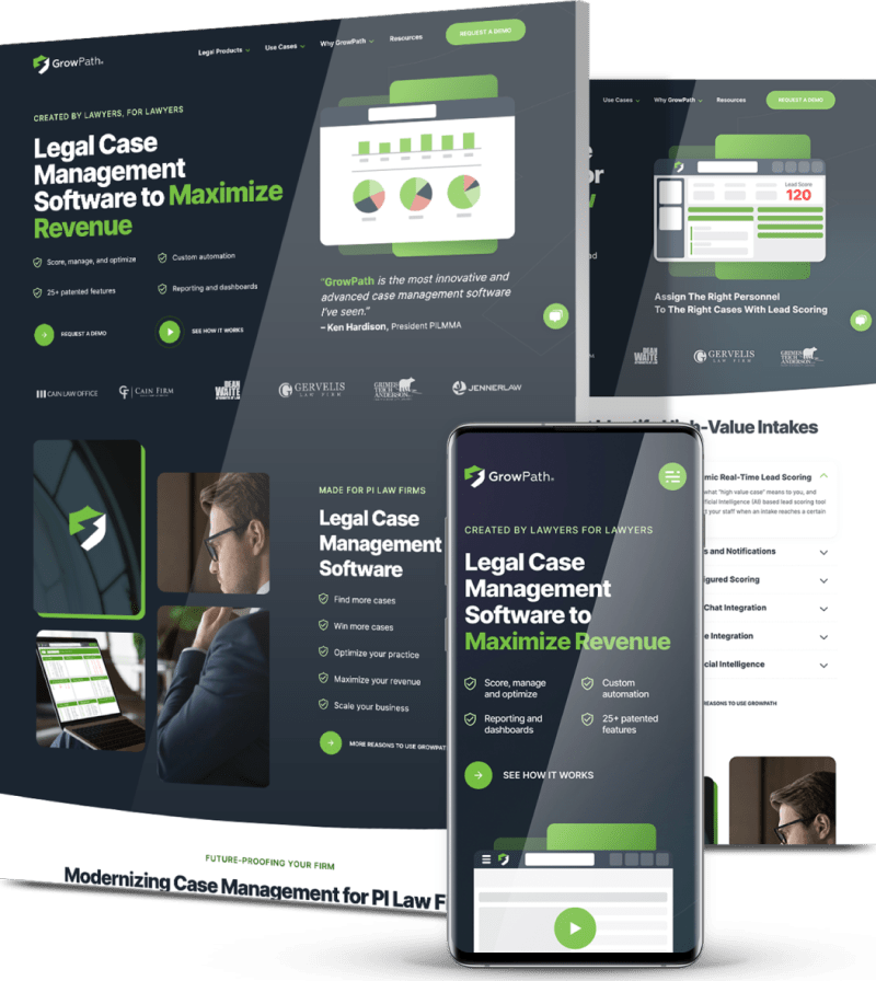GrowPath legal case management software website displayed across desktop and mobile, highlighting dashboards and revenue optimization features.