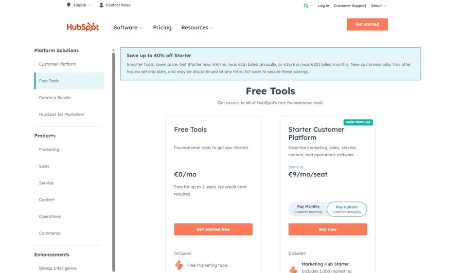 Image showing HubSpot's free tools