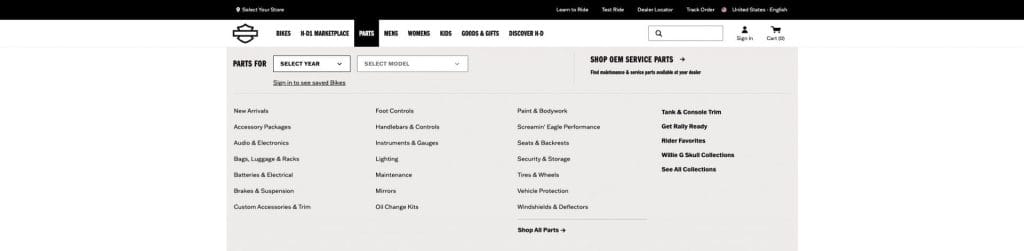 Main menu on the Harley-Davidson website