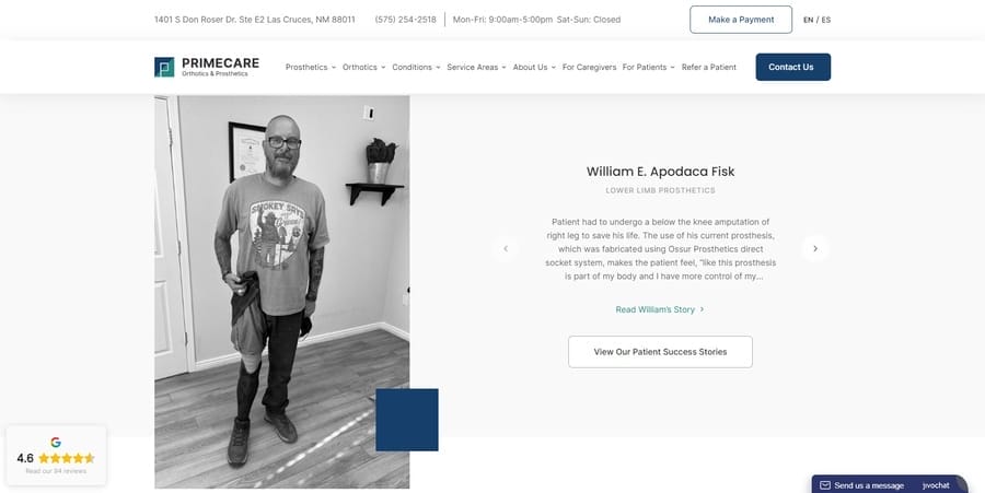 PrimeCare Orthotics & Prosthetics website screenshot