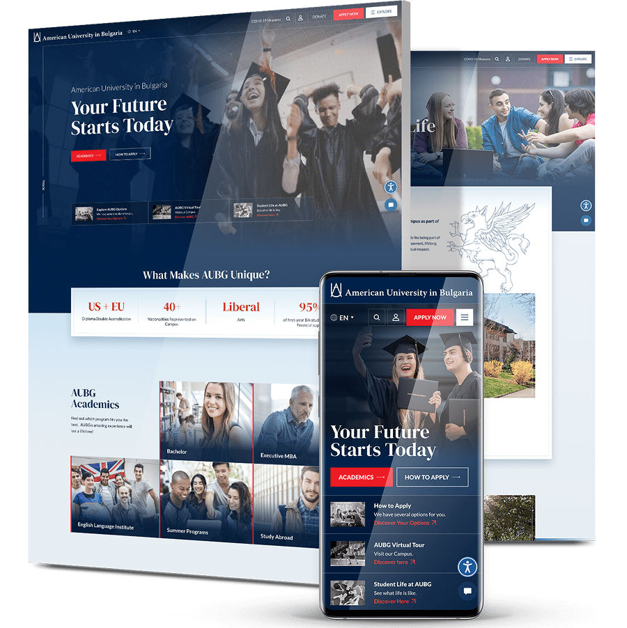 University website design featuring students celebrating graduation with headline “Your Future Starts Today” across desktop and mobile views