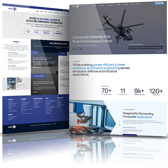 Hexcel website redesign comparison showing old and new versions on desktop, highlighting improved layout and modern aerospace-focused design.