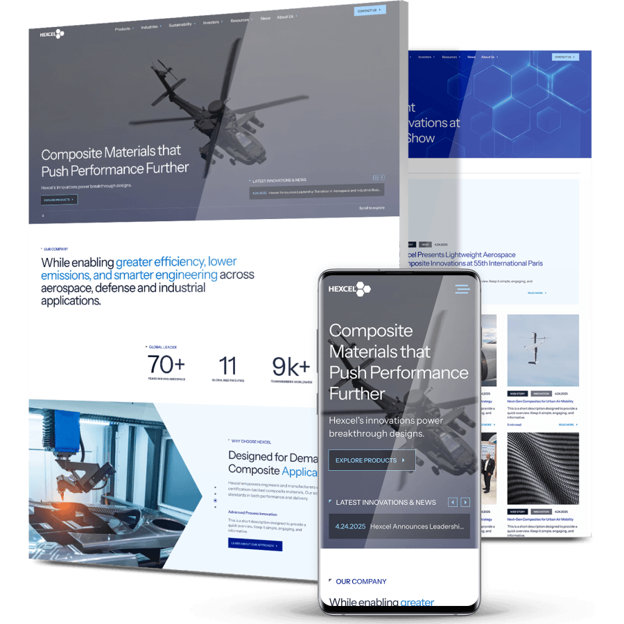 Hexcel aerospace materials website displayed on desktop and mobile, featuring composite materials and innovation-driven content.