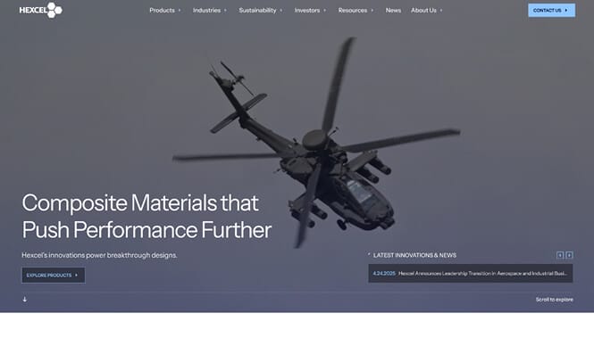 Hexcel website hero featuring a helicopter and messaging about advanced composite materials and aerospace innovation.