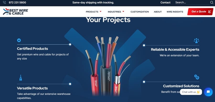 Best Wire & Cable website screenshot showing brand colors