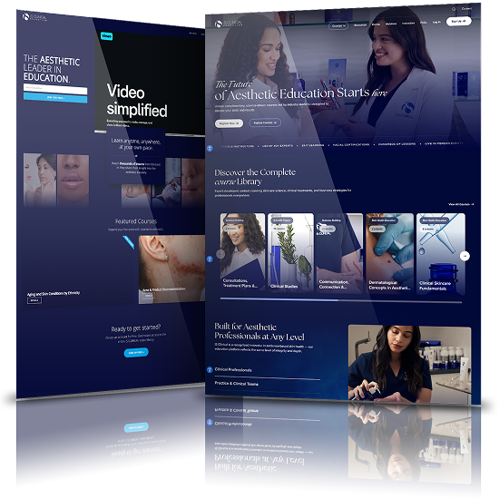 Before and after comparison of iS Clinical Education website showing a transition to a modern, content-rich interface for aesthetic training.