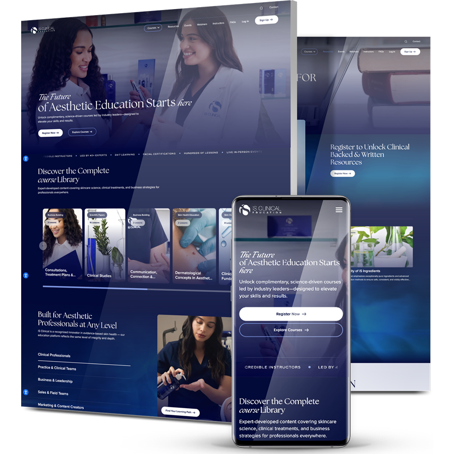 iS Clinical Education website displayed across desktop and mobile highlighting aesthetic education courses and training resources.