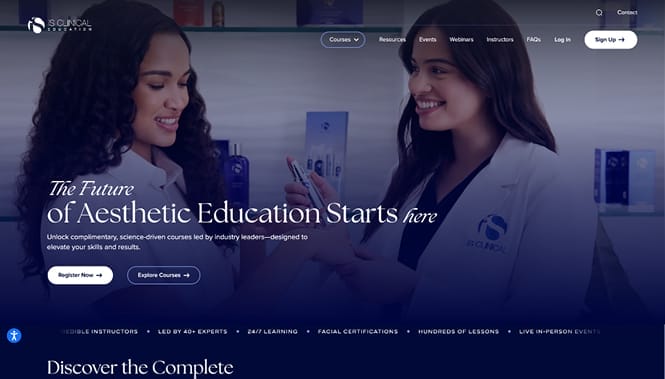 Homepage of iS Clinical Education website featuring two professionals and messaging about aesthetic education courses.
