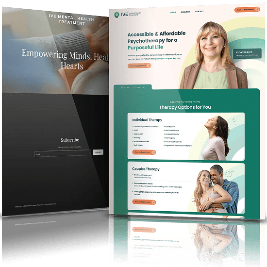 Before and after designs of IVE Health’s psychotherapy website showcasing a shift to a calming, user-friendly layout.