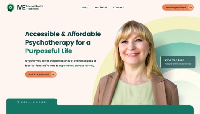 IVE Mental Health website homepage showing a therapist portrait and messaging about accessible and affordable psychotherapy.