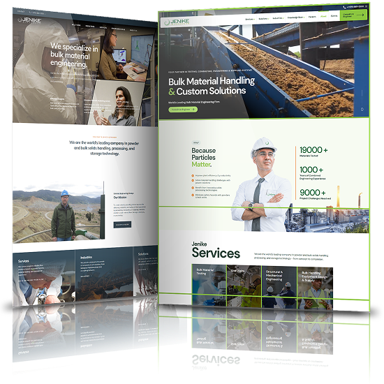 Before and after website redesign for Jenike & Johanson highlighting modern interface for bulk material handling and engineering solutions.