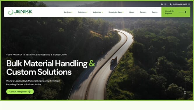 Engineering consulting website with highway landscape background promoting bulk material handling solutions
