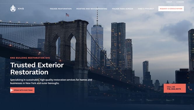 Building restoration website featuring city skyline and bridge with service-focused messaging