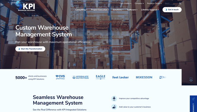 KPI Integrated Solutions website featuring custom warehouse management systems and logistics optimization solutions