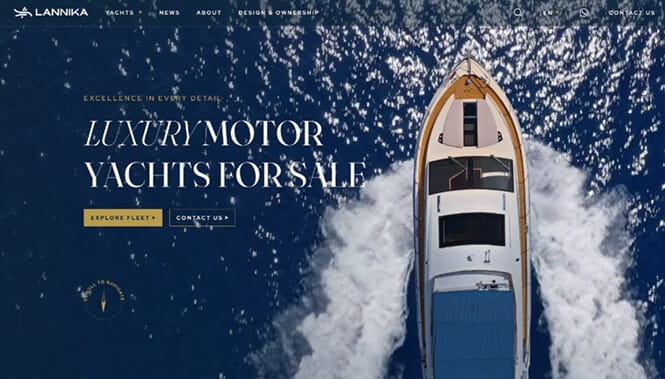 Luxury yacht sales website with aerial ocean view and premium design showcasing high-end vessels