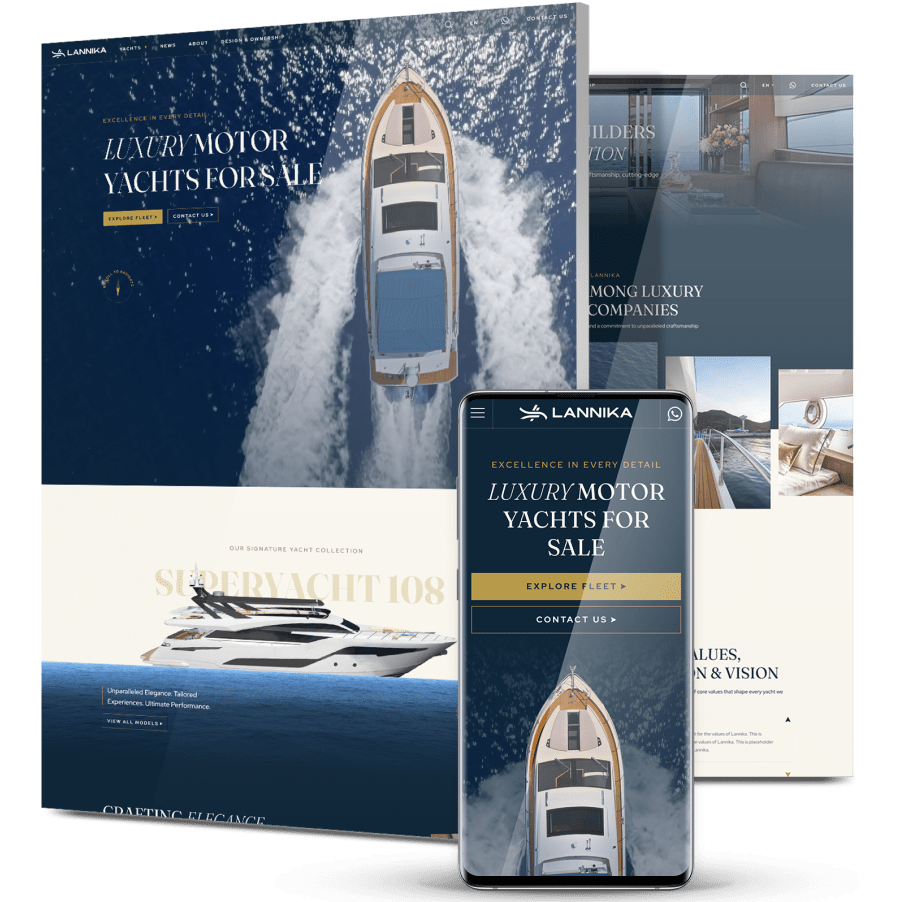 Luxury yacht website design for Lannika showcasing premium motor yachts with elegant visuals and mobile-responsive layout.