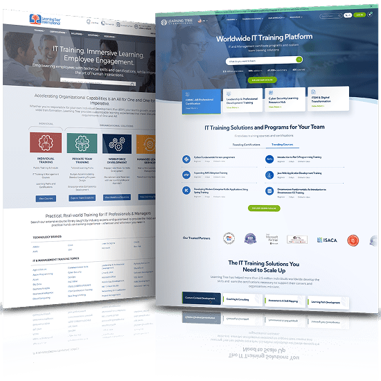 Before and after comparison of IT training website with updated interface, improved navigation, and modern design elements