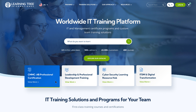 IT training platform website with search bar and categories for certifications and professional development courses