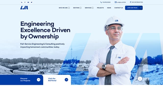 Engineering consulting website with professional figure and corporate layout highlighting services and projects