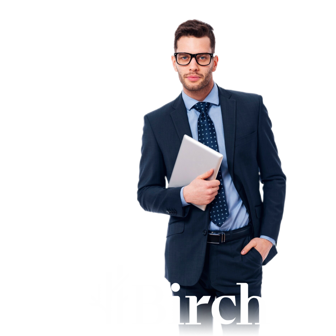 Business professional holding a tablet representing Birch brand identity with minimalist background design.