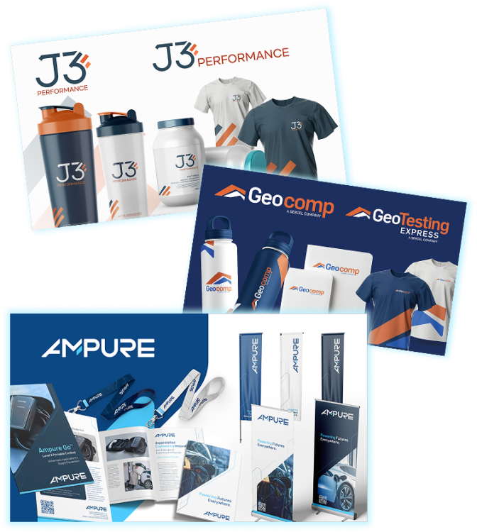 Branded merchandise and marketing collateral showcase featuring J3 Performance, GeoComp, GeoTesting Express, and Ampure, including apparel, bottles, brochures, and display materials.