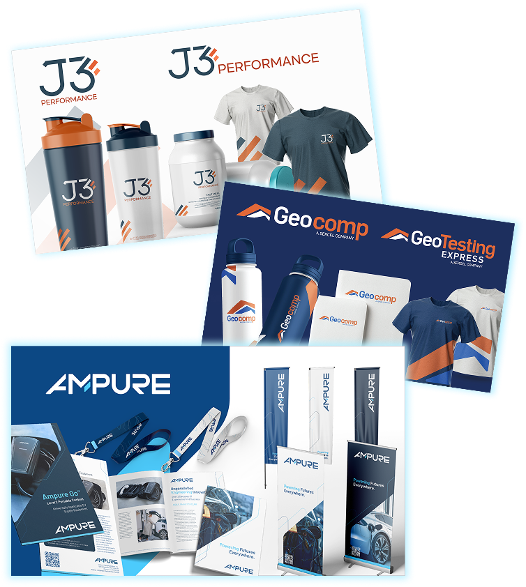 Branded merchandise and marketing collateral showcase featuring J3 Performance, GeoComp, GeoTesting Express, and Ampure, including apparel, bottles, brochures, and display materials.