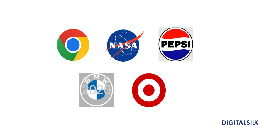 logos of google chrome, nasa, pepsi, bmw, and target