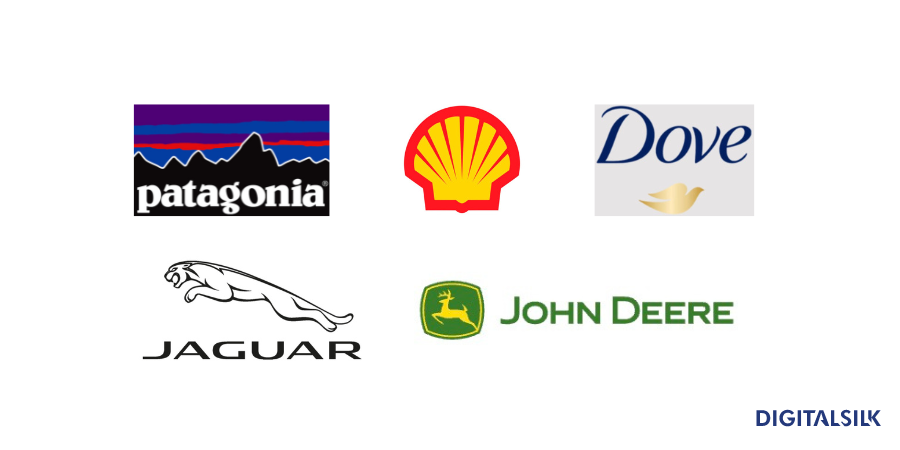 logos of Patagonia, Dove, Shell, Jaguar and John Deere
