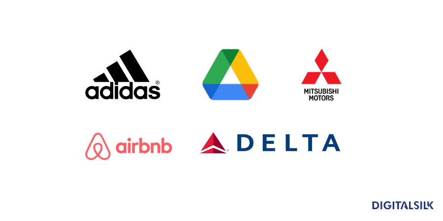 logos of adidas, google drive, mitsubishi, airbnb, delta airlines