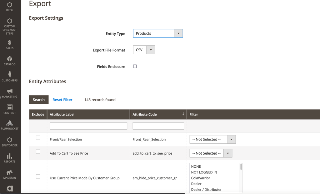 Magento data export screenshot.