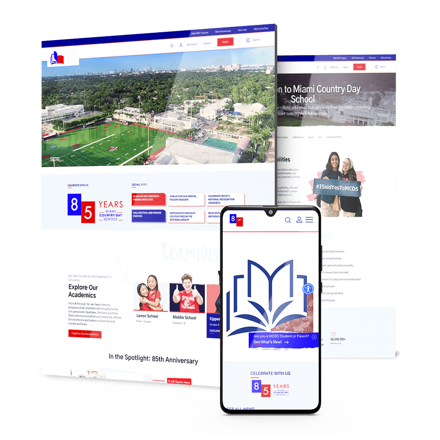 Private school website with students collaborating in a modern classroom environment and academic-focused messaging