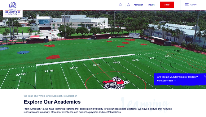 School website featuring campus athletic field and academics section with navigation for programs and admissions