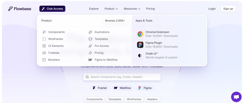 A screenshot of Flowbase's website mega menu
