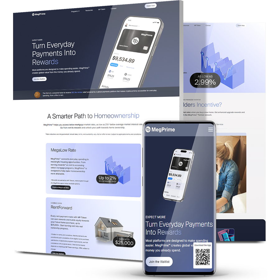 MegPrime fintech website displayed across desktop and mobile screens highlighting rewards-based payments and financial tools.
